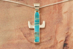 Navajo Artist Calvin Begay Genuine Kingman Turquoise Sterling Silver Cactus Pendant